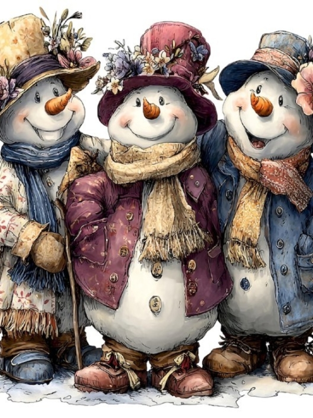Festive Trio Snowman Wall Art Print - Purple, Blue, Beige 8x10